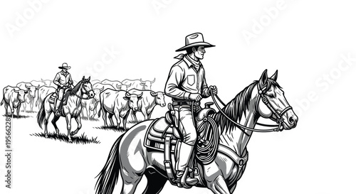 Wallpaper Mural Two cowboys ride horses herding cattle across an open plain in a detailed black and white western drawing style. Torontodigital.ca