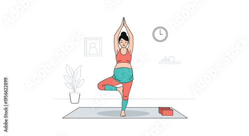 A pregnant woman in an orange sports bra and teal leggings performs a tree pose on a yoga mat in a minimalist room.