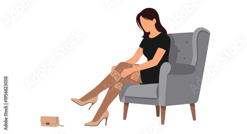 A woman in a black dress sits in a grey armchair, adjusting her beige stockings with a clutch purse on the floor.