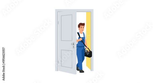 A male repairman in blue overalls carrying a toolbox steps through an open white door frame into a yellow-backed space.