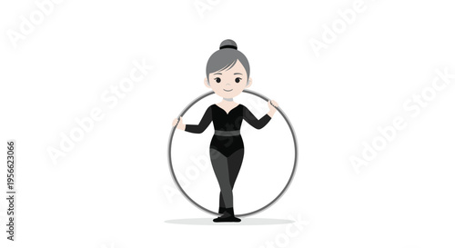 A woman in a black leotard with a bun hairstyle stands holding a large hula hoop on a white background.