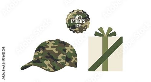 A camouflage baseball cap, a Happy Father's Day badge, and a ribbon-tied gift box are displayed on a clean white surface.
