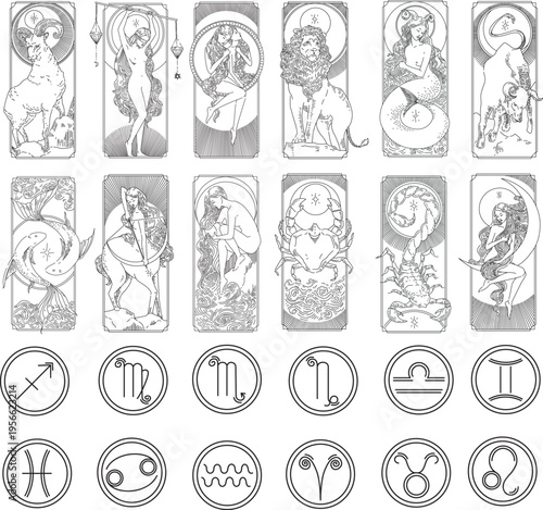 Full Set of 12 Zodiac Signs Art Nouveau Style Illustrated Cards with Astrological Symbols, Vintage Line Art Vector Collection