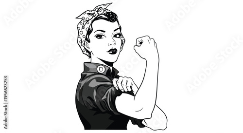Woman with rolled up sleeve and bandana shows strong flexing bicep in classic Rosie the Riveter style illustration powerfully.