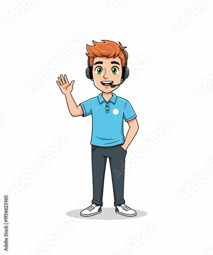 Friendly cartoon boy with red hair and freckles wears a headset, waving hello, representing customer support and service.