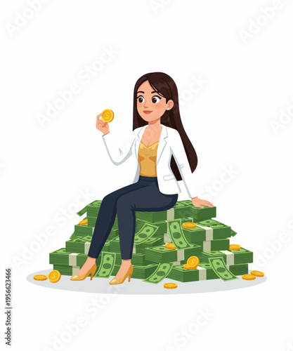 A successful and happy cartoon businesswoman confidently sits on a massive pile of cash, holding a golden dollar coin.