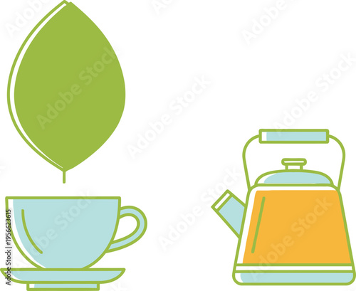 A minimalist vector illustration featuring a light blue teacup and a matching yellow tea kettle