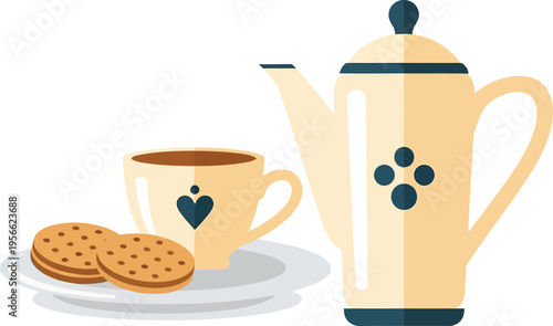 A minimalist flat vector illustration of a tea set featuring a teapot, a teacup, and two cookies