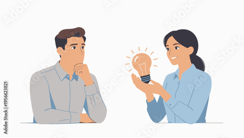 Two people discussing an idea with a light bulb
