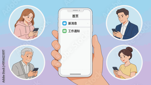 People using smartphones with app notifications