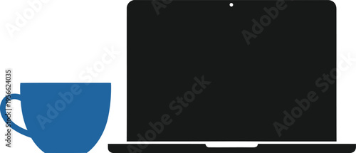 A minimalist flat vector illustration showing a black laptop computer and a blue coffee mug cup