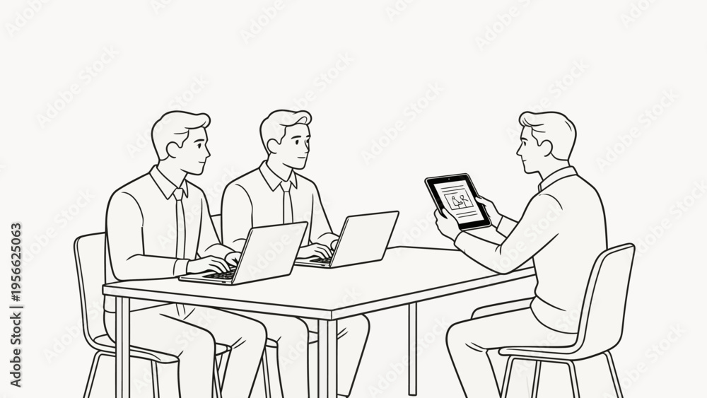 Fototapeta premium Three men in a meeting with laptops and tablet
