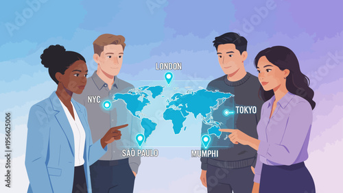 Four people pointing at global map locations
