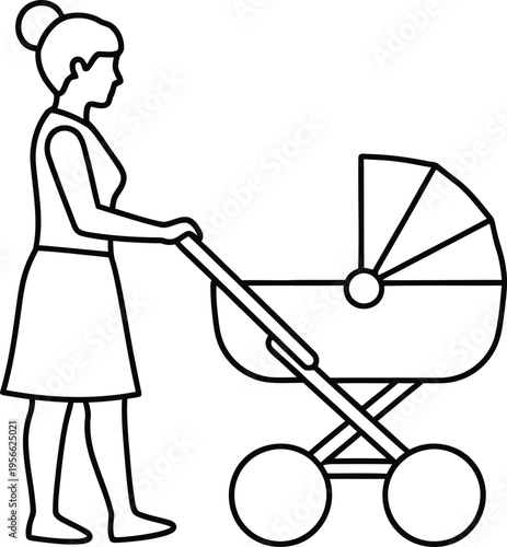 Vector illustration of woman pushing baby stroller