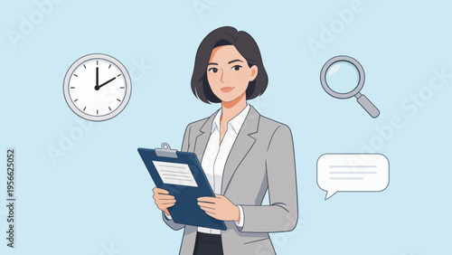 Businesswoman with clipboard and icons