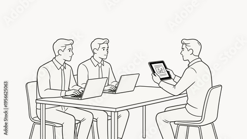 Three men in a meeting with laptops and tablet