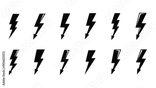 Black and white illustration of various lightning bolt designs and orientations Vector