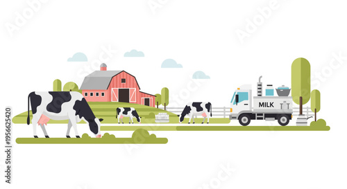 Rural farm scene with cows grazing and milk truck in pastoral landscape