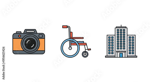 Linear icons of camera, wheelchair, and building for diverse themes