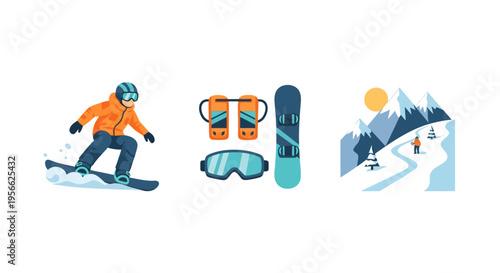 Winter sports adventure: snowboarding gear and mountain scenery