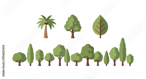 Flat style green trees collection for nature and landscaping designs