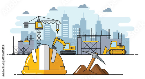 Construction scene depicting a hard hat tools and a cityscape backdrop rendered in a flat colorful silhouette high quality professional detailed