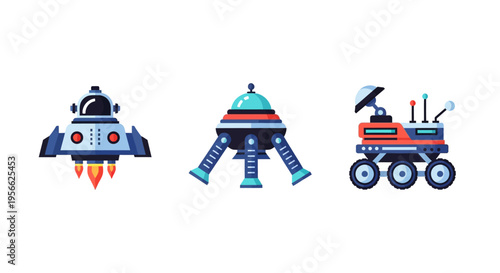 Colorful flat cartoon spaceship and mars rover set