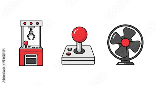 Retro styled claw machine, arcade joystick, and table fan icons with bold colors