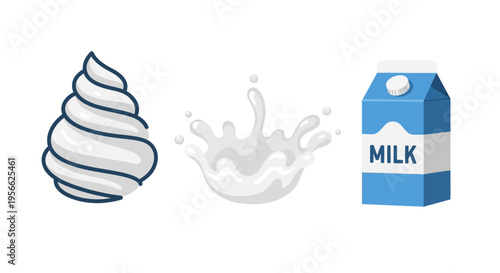 Dairy icons: soft serve, milk splash, and carton in flat design
