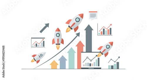 Rocket growth concept with charts and arrows in trendy flat style