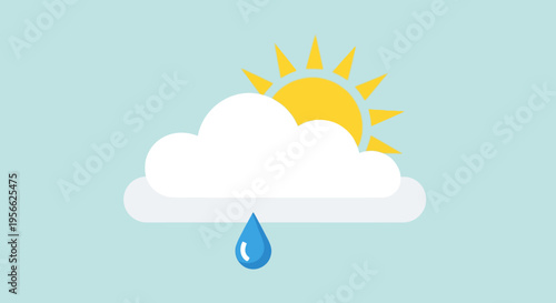 Flat weather icon with sun, cloud, and raindrop on light blue background