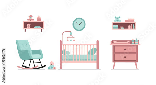 Pastel nursery room with crib, changing table, and toys in flat design