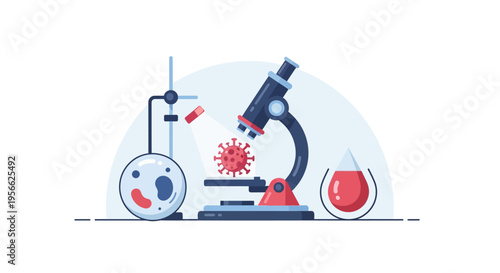 Microscopic examination of virus with laboratory equipment in flat design