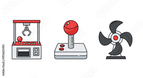 Vintage gaming joystick, arcade claw machine, and classic fan icons