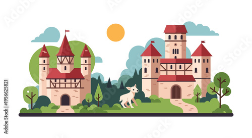 A charming fairytale castle illustration with surrounding greenery and a small deer presented as a silhouette high quality professional detailed modern