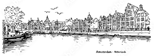 Amsterdam Netherlands Canal Panorama with Historic Houses and Bridge Illustration Hand Drawn Cityscape Sketch Vector Art
