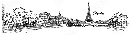 Paris Cityscape Panorama with Eiffel Tower and Seine River Illustration Hand Drawn Travel Sketch Vector Art from France