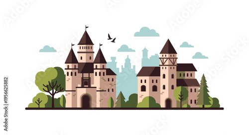 A colorful illustration depicts a fairytale castle landscape with detailed towers trees and a city skyline silhouette high quality professional modern