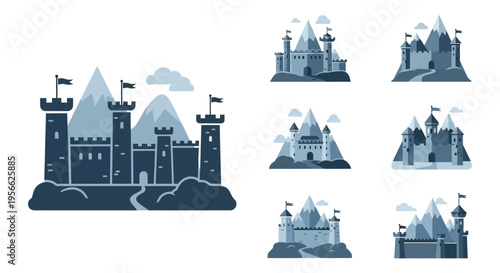 A collection of stylized castle illustrations with mountainous backgrounds presented in a flat dark blue silhouette high quality professional detailed modern