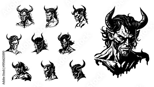 Demon and Devil Horned Character Portrait Set Illustration Vector Collection of Spooky Mythological Creatures