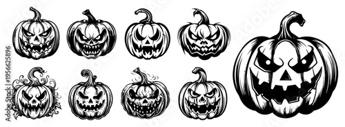 Spooky Jack-O-Lantern Collection Scary Halloween Pumpkin Faces Vector Illustration in Hand Drawn Line Art Engraving Style