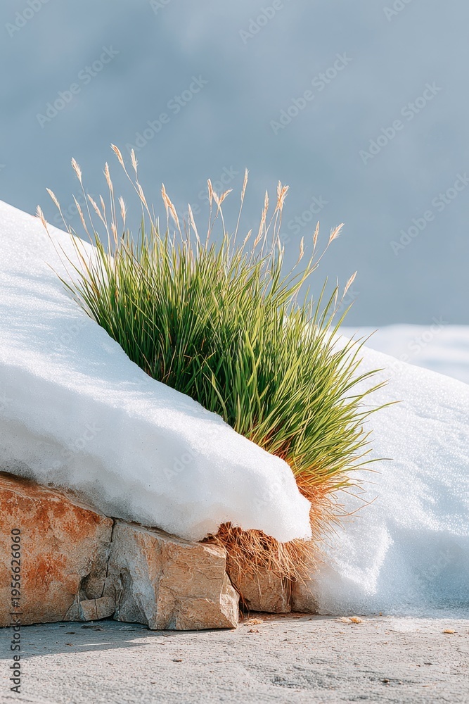 Fototapeta premium Snowy grass in a blue winter scene with falling snow and snow on the ground