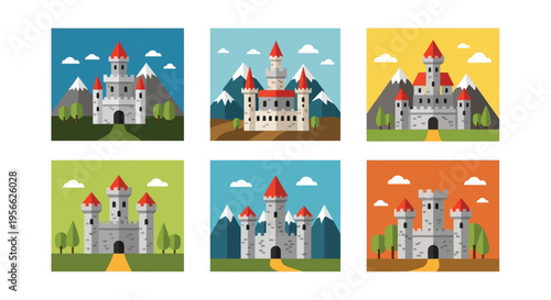 A colorful collection of fairytale castles set against mountainous landscapes displayed in a grid format silhouette high quality professional detailed modern