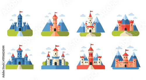 A colorful collection of fairytale castles against mountainous backgrounds presented in a flat illustrative style silhouette high quality professional detailed modern