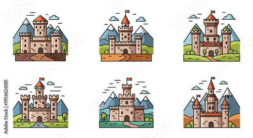 A colorful collection of fairytale castles and mountainous landscapes depicted in a flat illustrative style silhouette high quality professional detailed