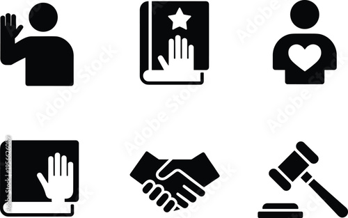 Collection of black law and justice icons including judge gavel handshake oath book and person with heart isolated on white background for legal branding