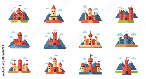 A colorful arrangement of fairytale castles with varying designs set against mountainous backgrounds in a flat silhouette high quality professional detailed