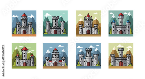 A collection of colorful castle illustrations set against mountainous backgrounds showcasing distinct architectural styles a silhouette high quality professional detailed