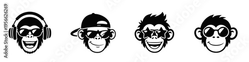 Set of playful monkey face avatars with headphones, hat, spiky hair and sunglasses. Bold black vector mascot collection for stickers, branding, gaming and youth themed design.