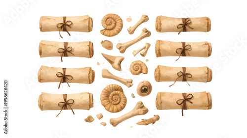 A collection of wooden boards, wood screws, and old wooden tools with metal parts neatly arranged on a white background